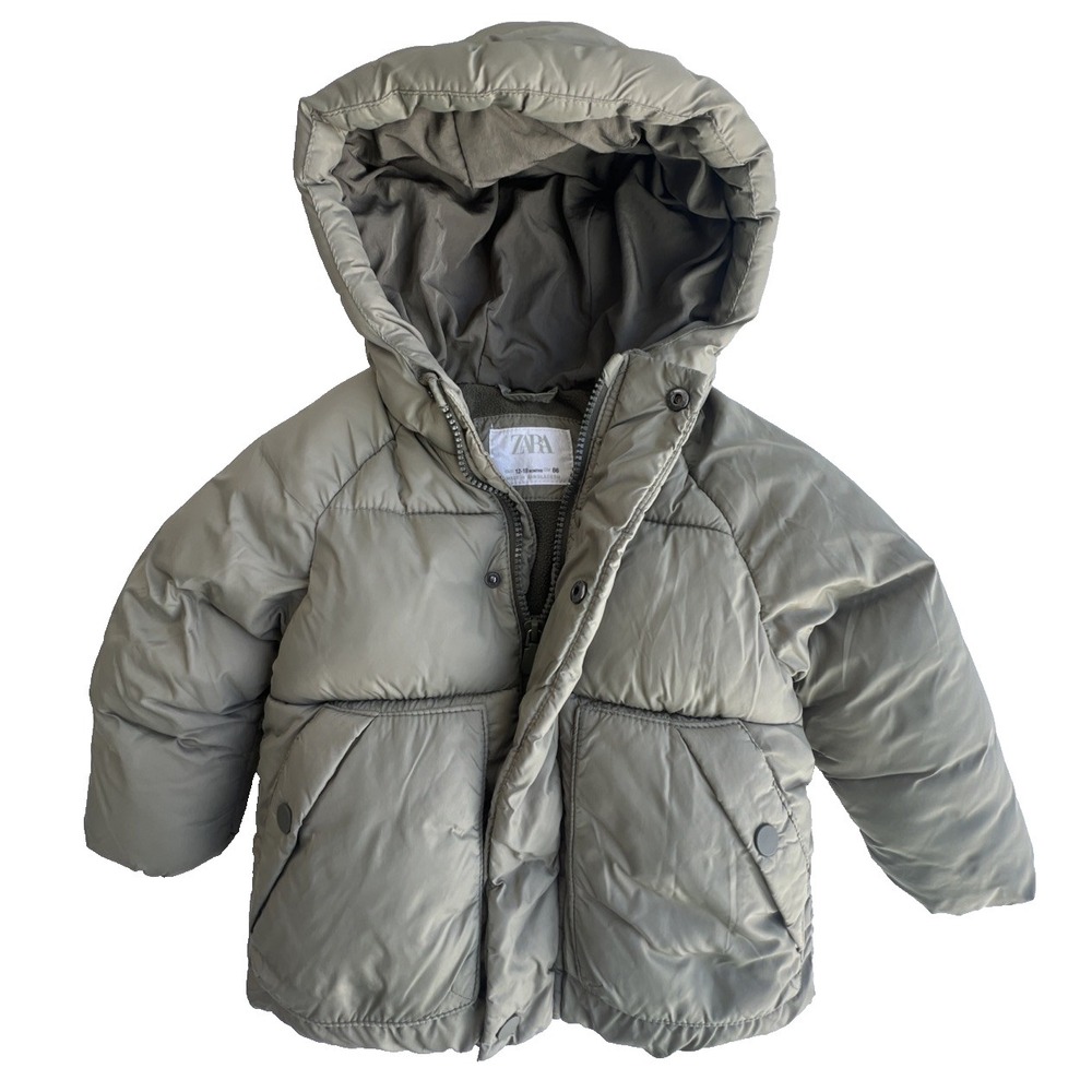 ZARA Jacket Baby Puffer 12-18 Months Olive Green Hooded Insulated Unisex Coat